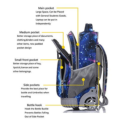 Tilami Rolling Backpack 18 inch Boys and Girls Laptop Backpack - color: Galaxy
