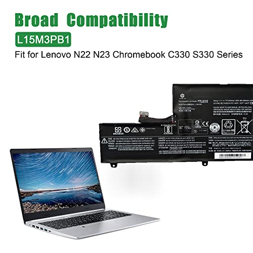 L15M3PB1 L15L3PB1 Laptop Battery Replacement for Lenovo Chromebook C330 81HY0000US S330 81JW0000US Series SB10W67248 5B10W67285 SB10W67366 5B10W67340 5B10K88047 5B10K88048 11.1V 45Wh - size: 10.2*5.9*1.2inch L15M3PB1