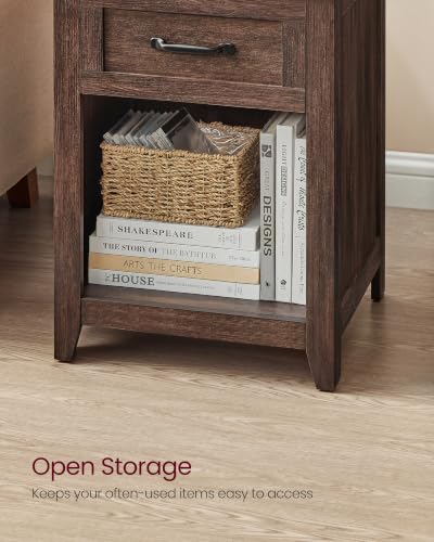 VASAGLE LIRY Collection - Farmhouse Nightstand with Charging Station, Bedside Table, Side Table with Drawer, Open Compartment, for Bedroom, Maroon Brown ULET659K51 - color: Maroon Brown, size: 1 PACK, style: 17.7"W x 23.6"H With 1 Drawer