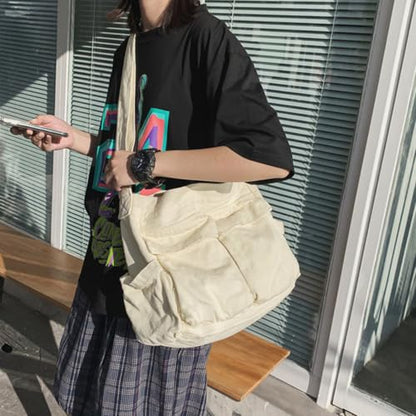 Canvas Messenger Bag Large Crossbody Bag with Multiple Pockets Canvas Shoulder Tote Bag for Women and Men - color: White