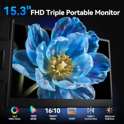 15.3" Laptop Screen Extender, 1200P FHD Ultra-Thin Triple Screen Laptop Monitor Extender, 100% sRGB Travel Portable Monitor for Laptops, Multi Screens Laptops Attachment Compatible with Windows Mac - size: 15.3"