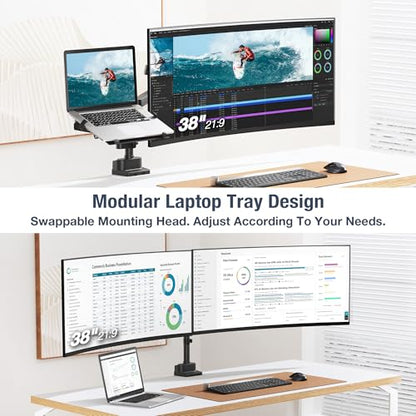 AVLT Laptop & Monitor Arm Pole Top Mount for 17-38" Screens - Black | Supports flat/curved/ultrawide screens up to 26.4 lbs. Mechanical spring, laptop tray, height adjustment and cable routing. - size: Laptop & 38 Inch Monitor Pole Arm