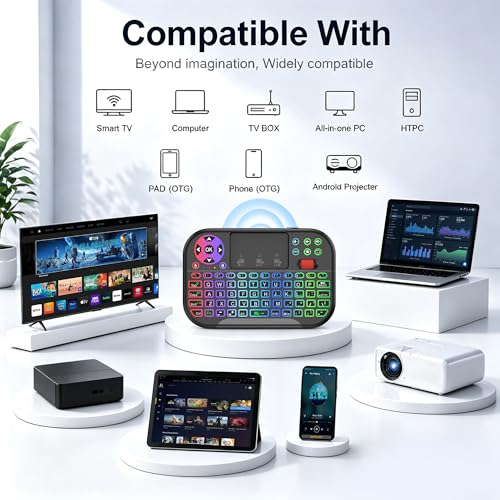 IDEALROYAL M2 Mini Wireless Keyboard with Touchpad Mouse Combo, Portable Bluetooth/2.4Ghz Mini Keyboard with 7 Colors RGB Backlit, Rechargable Battery for Android Box/Smart TV/Pad/PC, HTPC, Tablet