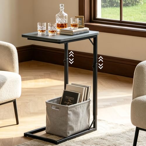 C-Shaped End Table for Couch, Adjustable Sofa Side Table with Sturdy Metal Frame, Small Space Rustic Gray TV Tray Table for Living Room, Bedroom, Bedside, Modern Functional Accent Furniture - color: Rustic Gray