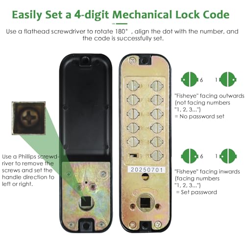 High-Security 12 Digit Keypad Mechanical Door Lock - Keyless Entry, Mechanical Code Lock with Handle, Waterproof & Rustproof, No Battery, Easy to Install, BH-MDLS0020202 - color: Matte Black - Round