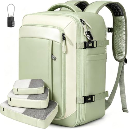 Vancropak Carry on Backpack for Airplane, Travel Backpack Fits 17.3" Laptop | Shoe Compartment, 3 Packing Cubes, 18x14x8 Travel Backpack, 40L Expandable Suitcase, Lightweight Anti Theft Weekender Bag - color: Green