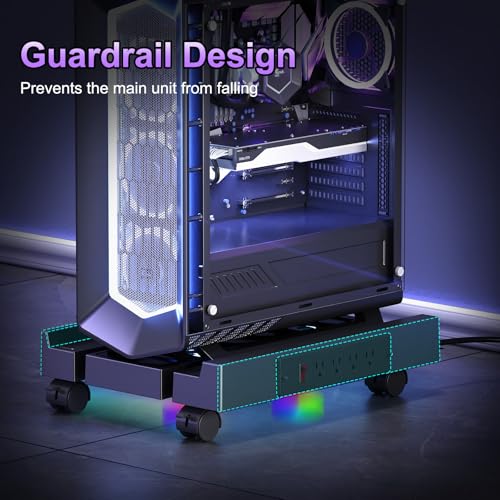 Computer Tower Stand with Charging Station, Cooler Fan and Light, Adjustable PC Stand for Floor, Mobile CPU Stand with 4 Caster Wheels, Under Desk CPU Holder Fits Most PC Tower - style: Socket + Fan