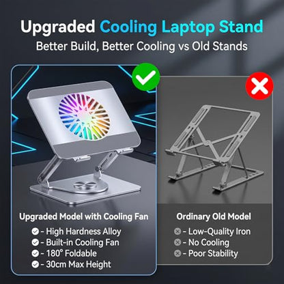 RGB Cooling Laptop Stand with 360° Rotating Base, Adjustable Foldable Laptop Riser, Ultra Quiet Fan for Heat Dissipation, Ergonomic Height Angle Laptop Stand Fit 10-17.3" Laptops/Tablets (Silver)