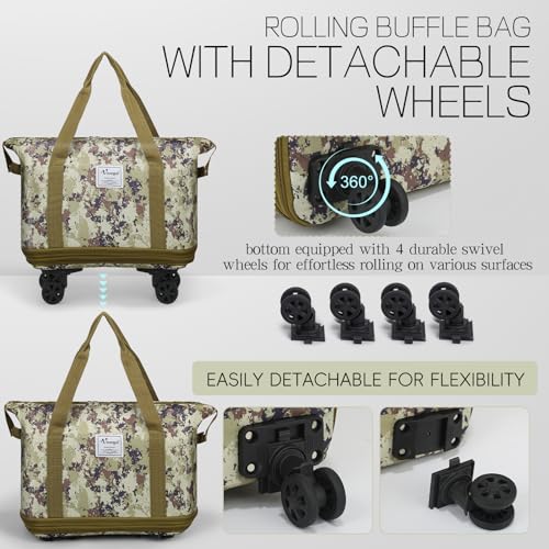 VOOWO Duffel Bag with Wheels - Rolling Foldable Expandable Duffle Bag with Wheels for Travel, Rolling Luggage Carry On Bag with Wheels, Large Rolling Backpack Weekend Bags for Men Women (Camouflage) - color: Camouflage