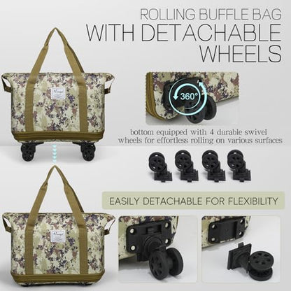 VOOWO Duffel Bag with Wheels - Rolling Foldable Expandable Duffle Bag with Wheels for Travel, Rolling Luggage Carry On Bag with Wheels, Large Rolling Backpack Weekend Bags for Men Women (Camouflage) - color: Camouflage