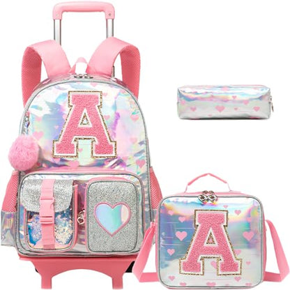 HTgroce Cute Rolling Backpack with Wheel,School Backpack for Kids Girl Roller Schoolbag Wheeled Backpacks Set Carry-on Luggage,Pink A - color: Pink, style: A