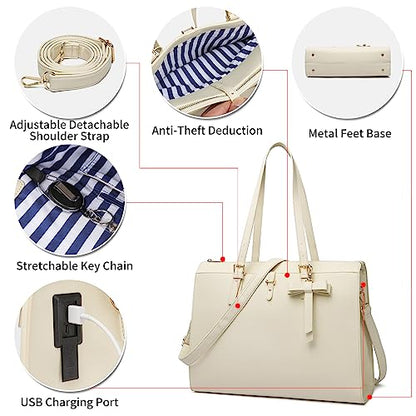 Keyli 4pc Sets Laptop Bag for Women Large Leather Laptop Briefcase with USB Charging Port Computer Shoulder tote Bags Purse - color: Khaki