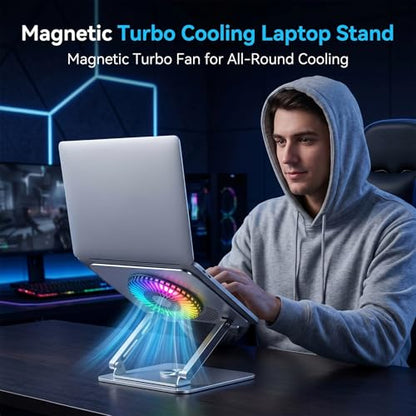 RGB Cooling Laptop Stand with 360° Rotating Base, Adjustable Foldable Laptop Riser, Ultra Quiet Fan for Heat Dissipation, Ergonomic Height Angle Laptop Stand Fit 10-17.3" Laptops/Tablets (Silver)