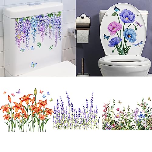 5Sheets Green Plant Leaves Flowers Toilet Stickers Self-Adhesive Lid Bathroom Wall Sticker Cover Decor Decal,Toilet Decorative (Style-C),9.8*11.8in (BQ0064) - color: Style-c