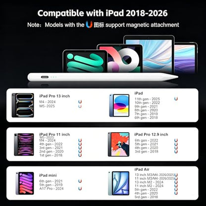 Stylus Pen for iPad 2026-2018 with 13mins Fast Charge,Tilt Sensitivity Palm Rejection Pencil for 11th (A16)/10/9/8/7/6 Gen, iPad Pro 11"/12.9"/M4/M5, iPad Air 3/4/5/M2/M3/M4, Mini 7/6/5 - color: white