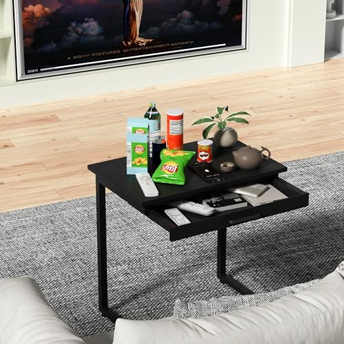 C Shaped End Table,Small Couch Side Table with Drawer,for Living Room, Bedroom Magazines, Computers, Coffee, Small Objects Storage.Black - color: Black