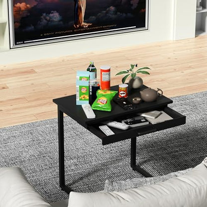 C Shaped End Table,Small Couch Side Table with Drawer,for Living Room, Bedroom Magazines, Computers, Coffee, Small Objects Storage.Black - color: Black
