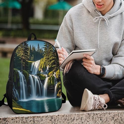 17-Inch Laptop Backpack Water-Resistant Green Pine Waterfall Daypack with Shoulder Strap Lightweight Casual Rucksack for Travel Commuter Hiking Outdoor Activities 20l Black