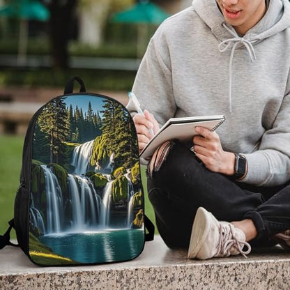 17-Inch Laptop Backpack Water-Resistant Green Pine Waterfall Daypack with Shoulder Strap Lightweight Casual Rucksack for Travel Commuter Hiking Outdoor Activities 20l Black