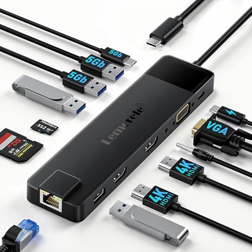 Lemorele 13 in 1 USB C Docking Station for Triple Monitors, Dual 4K HDMI, 1000M RJ45, VGA, 4 USB 3.0/2.0, SD/TF, 3.5MM Audio, USB C 3.0, 100W PD, Compatible with Type C Laptops - size: Update-13 in 1 RJ45