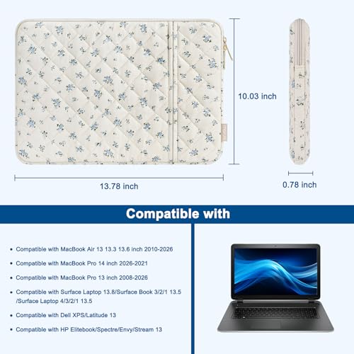 MOSISO 13-13.3 inch Laptop Case, 13.3 inch Puffy Laptop Sleeve | Compatible with MacBook Neo/Air13.6/Pro13/Pro14, HP Dell ASUS Lenovo, Square Quilted Floral Vertical Bag&Small Case, Blue - color: Blue, size: 13.3 inch