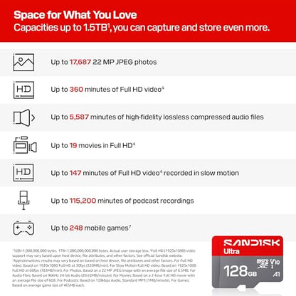 SANDISK 128GB Ultra microSD UHS-I Card - Up to 195MB/s Read Speed, Full HD Video, V10, U1, C10, A5 - SDSQUJQ-128G-GZ6MA - size: 128GB, style: New Version