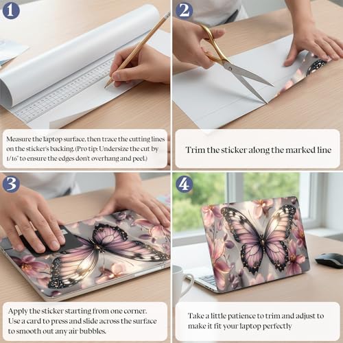 Universal Laptop Skin Sticker Decal,15.6 Inch Laptop Vinyl Cover for 13" 14" 15.6" Laptop,Scratch-Resistant Waterproof Protector Wrap,Reusable with Wrist Pads,Lilac Gilded Butterfly - color: Lilac Gilded Butterfly