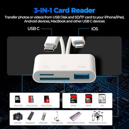 SD Card Reader for iPhone Android, Memory Card Reader Built-in Dual iOS & USB C Connector Card Reader with USB-A/SD/MicroSD 3 Slots, No Application Required Plug and Play