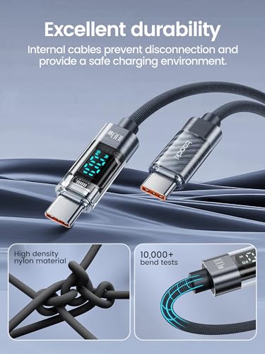 toocki USB C to USB C Cable with LED Display 100W 6.6ft, 2Pack | Fast Charging, Nylon Braided, Grey, Compatible with iPhone 17/16, MacBook Pro, Galaxy S25 - color: Grey, size: 6.6+6.6ft