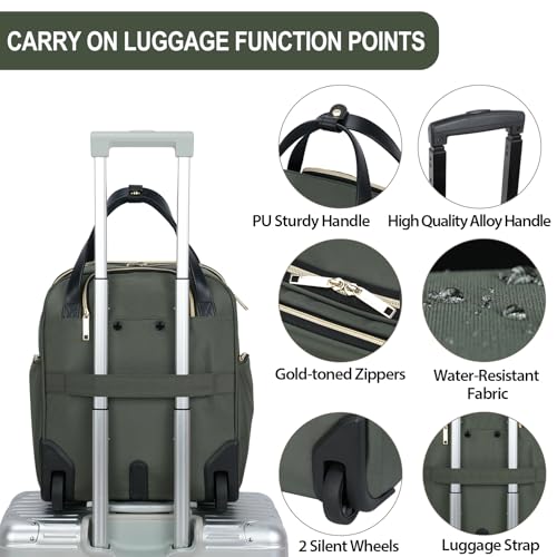 EMPSIGN Underseat Carry On Wheeled - 16" Carry on Bag with Wheels Multi-functional Lightweight Rolling Bag Overnight Weekender Small Suitcase for Women Men Travel Business, Army Green-Gold Zipper - color: Army Green-Gold Zipper