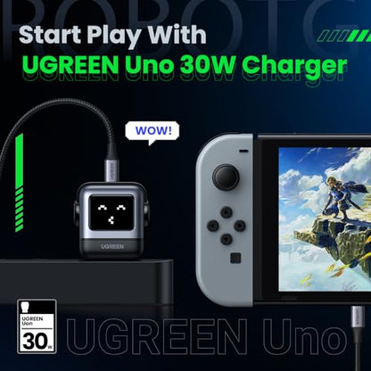 UGREEN Uno 30W USB C Charger Block, Compact Robot GaN Fast Charger for iPhone 17, Gifts for Women Men, Compatible with iPhone 17/16/15, Galaxy S26/S25/S24, Pixel 10/9/8, iPad, MacBook Neo/Air, Black - color: Black