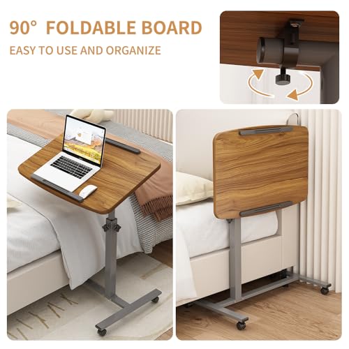 Laptop Table Mobile Adjustable Height Portable Desk Notebook Swivel PC Computer Rolling Desk with Wheels, Laptop Stand for Couch Bedside Hospital Bed Table - color: Light Walnut