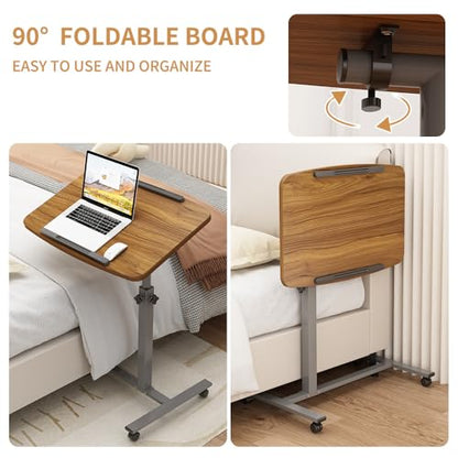 Laptop Table Mobile Adjustable Height Portable Desk Notebook Swivel PC Computer Rolling Desk with Wheels, Laptop Stand for Couch Bedside Hospital Bed Table - color: Light Walnut