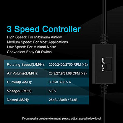 ELUTENG Dual USB Fan 80mm, 3 Speed Adjustable USB Ventilator with 2750RPM | 5V Computer Cooling Fan for Computer/Laptop/Router/TV Cabinet/DVR/Xbox/Game Console Cooling - size: 80mm