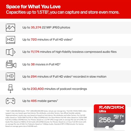 SANDISK 256GB Ultra microSD UHS-I Card - Up to 195MB/s Read Speed, Full HD Video, V10, U1, C10, A4 - SDSQUJQ-256G-GZ6MA - size: 256GB, style: New Version