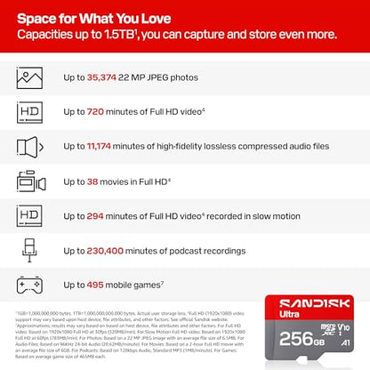 SANDISK 256GB Ultra microSD UHS-I Card - Up to 195MB/s Read Speed, Full HD Video, V10, U1, C10, A4 - SDSQUJQ-256G-GZ6MA - size: 256GB, style: New Version