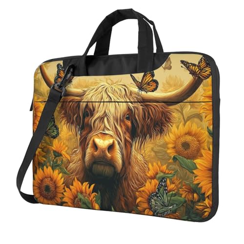 Laptop Bag for Women Men Portable Computer Carrying Case with Handle Strap Waterproof Shoulder Messenger Bag - color: Highland Cow Sunflowers, size: 14 Inch
