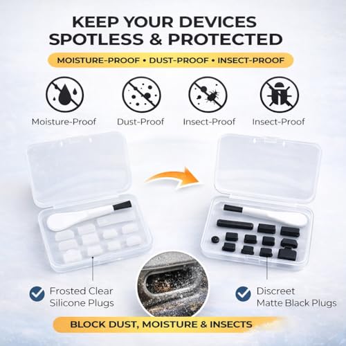 12 PCS Silicone Dust Plugs & Cleaning Brush, USB Port Dust Covers Compatible with iPhone 15 16 17,Kindle,MacBook,Mac mini,PS5,Includes USB-C, USB-A, HDMI, RJ-45, SD Slot and 3.5mm (Transparent) - color: Transparent