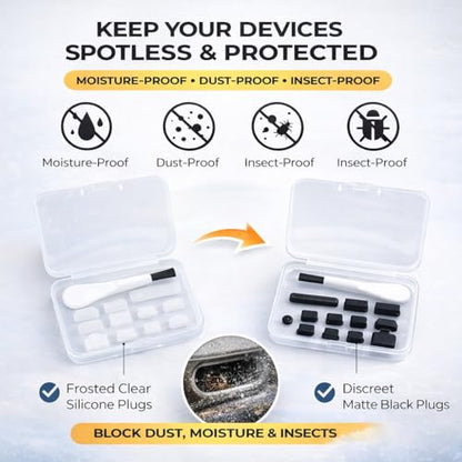 12 PCS Silicone Dust Plugs & Cleaning Brush, USB Port Dust Covers Compatible with iPhone 15 16 17,Kindle,MacBook,Mac mini,PS5,Includes USB-C, USB-A, HDMI, RJ-45, SD Slot and 3.5mm (Black) - color: Black