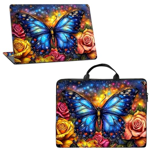 10 inch Laptop Sleeve with Laptop Skin Sticker Set – Slim Protective Case with Smooth Zipper, Lightweight Tablet & Notebook Sleeve for Travel & Daily Carry, Rose Blue Butterfly - color: Rose Blue Butterfly, size: 10 inch