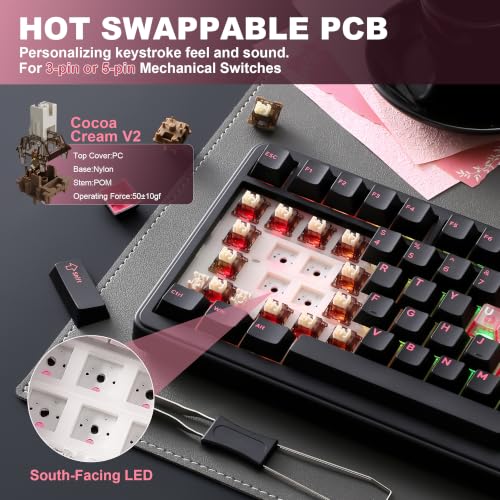 YUNZII B75 PRO Wireless Mechanical Gaming Keyboard | Custom 75% Layout with Knob,Gasket Mount,Hot Swap,Creamy Pre-lubed Switch,BT/USB-C/2.4G (Black Heart, Cocoa Cream V2 Switch) - color: Black Heart, size: Cocoa Cream V2 Switch