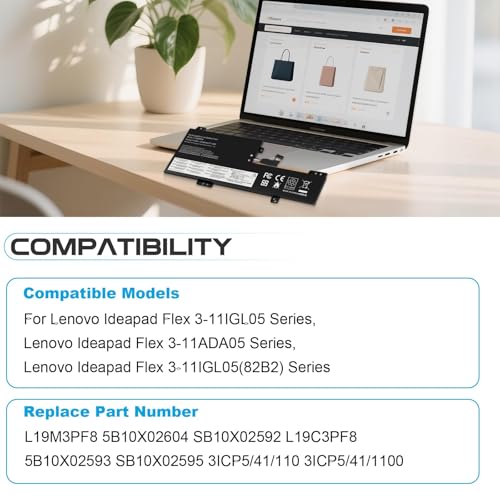 L19C3PF8 L19M3PF8 Laptop Battery Replacement for Lenovo Ideapad Flex 3-11IGL05 3-11ADA05 3-11IGL05 82B2 82B2002DID 82G4 82G4003KTW Series 5B10X02593 5B10X02604 SB10X02592 SB10X02595 11.58V 37.5Wh - size: L19C3PF8 14.76 × 5.12 × 0.98 in