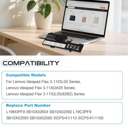 L19C3PF8 L19M3PF8 Laptop Battery Replacement for Lenovo Ideapad Flex 3-11IGL05 3-11ADA05 3-11IGL05 82B2 82B2002DID 82G4 82G4003KTW Series 5B10X02593 5B10X02604 SB10X02592 SB10X02595 11.58V 37.5Wh - size: L19C3PF8 14.76 × 5.12 × 0.98 in