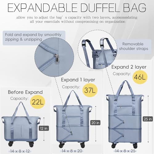 VOOWO Duffel Bag with Wheels - Rolling Foldable Expandable Duffle Bag with Wheels for Travel, Rolling Luggage Bag Carry On Travel Bag with Wheels, Large Wheeled Overnight Weekender Bag (Blue) - color: Blue