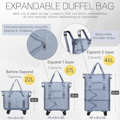 VOOWO Duffel Bag with Wheels - Rolling Foldable Expandable Duffle Bag with Wheels for Travel, Rolling Luggage Bag Carry On Travel Bag with Wheels, Large Wheeled Overnight Weekender Bag (Blue) - color: Blue