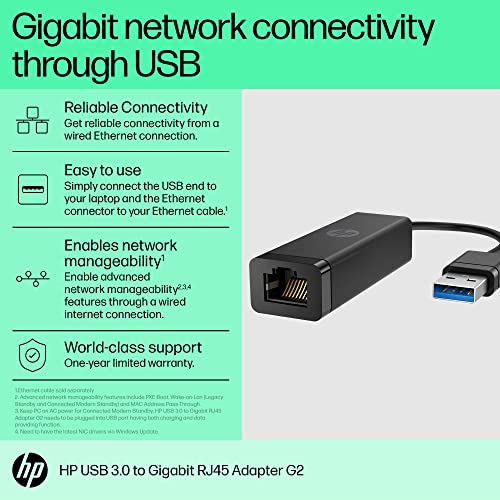 HP USB 3.0 to Gigabit RJ45 Adapter G2 - USB 3.0 Type A - 1 Port(s) - 1 - Twisted Pair - 10/100/1000Base-T - Portable