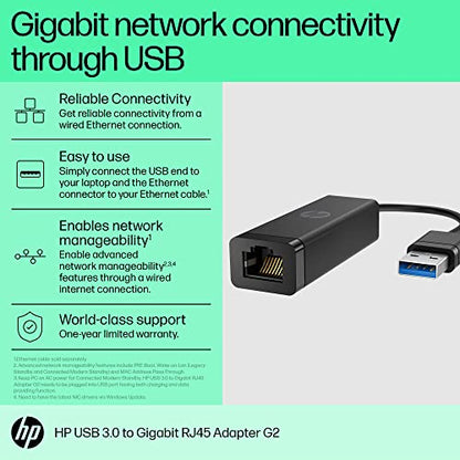 HP USB 3.0 to Gigabit RJ45 Adapter G2 - USB 3.0 Type A - 1 Port(s) - 1 - Twisted Pair - 10/100/1000Base-T - Portable