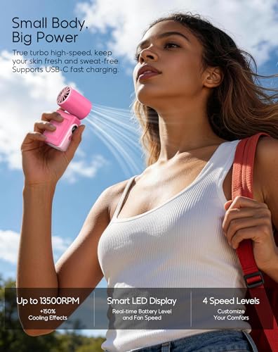 Clip-On Portable Mini Fan, Personal Turbo Travel Makeup Fan w/ LED Display | 360°Rotate Clip, Turbo 13500RPM, 4 Speeds, USB-C Rechargeable, for Travel Makeup Cruise Concert, Summer Gifts for Women Girl - color: Hot Pink