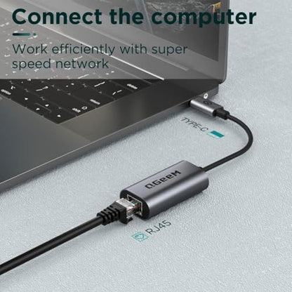 QGeeM USB C to Ethernet Adapter, 1000Mbps Gigabit RJ45 LAN Network Dongle, Thunderbolt 5/4/3 Compatible, Braided Nylon Aluminum Case for iPhone 17/16/15 Pro Max, MacBook Pro/Air M3/2, iPad, XPS - Gray - color: Classic Gray