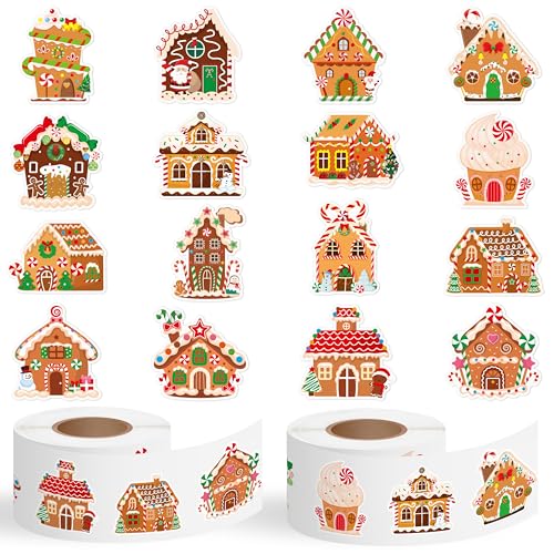Haooryx Gingerbread House Sticker Rolls - 1000 Pcs Christmas Theme Gingerbread House Stickers with 16 Sweet Designs Fade-resistant Waterproof Gossy Decors for Festival Gift Party Supplies Water Bottle - style: Christmas Gingerbread House